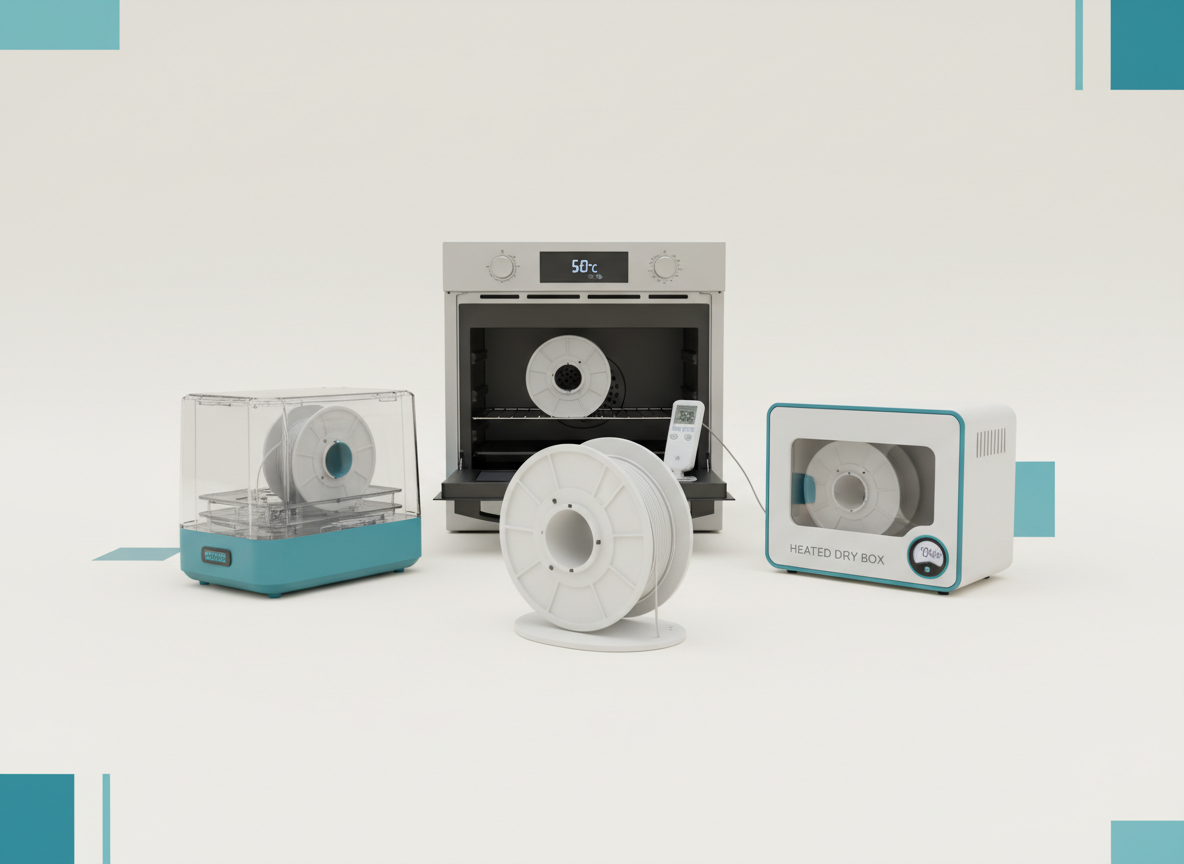 Filament spool shown with food dehydrator, household oven and heated dry box alternatives