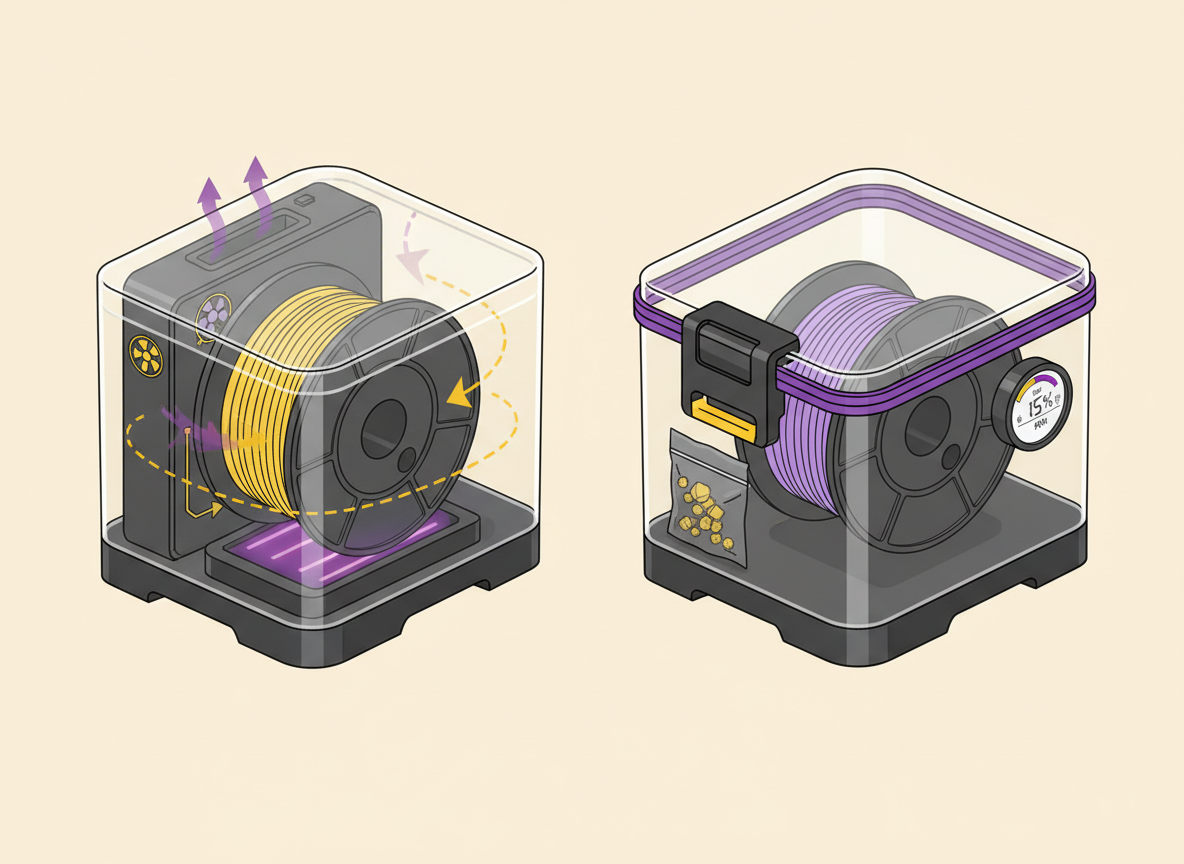 Illustrative comparison showing a heated filament dryer actively removing moisture and a sealed dry box preserving dry filament