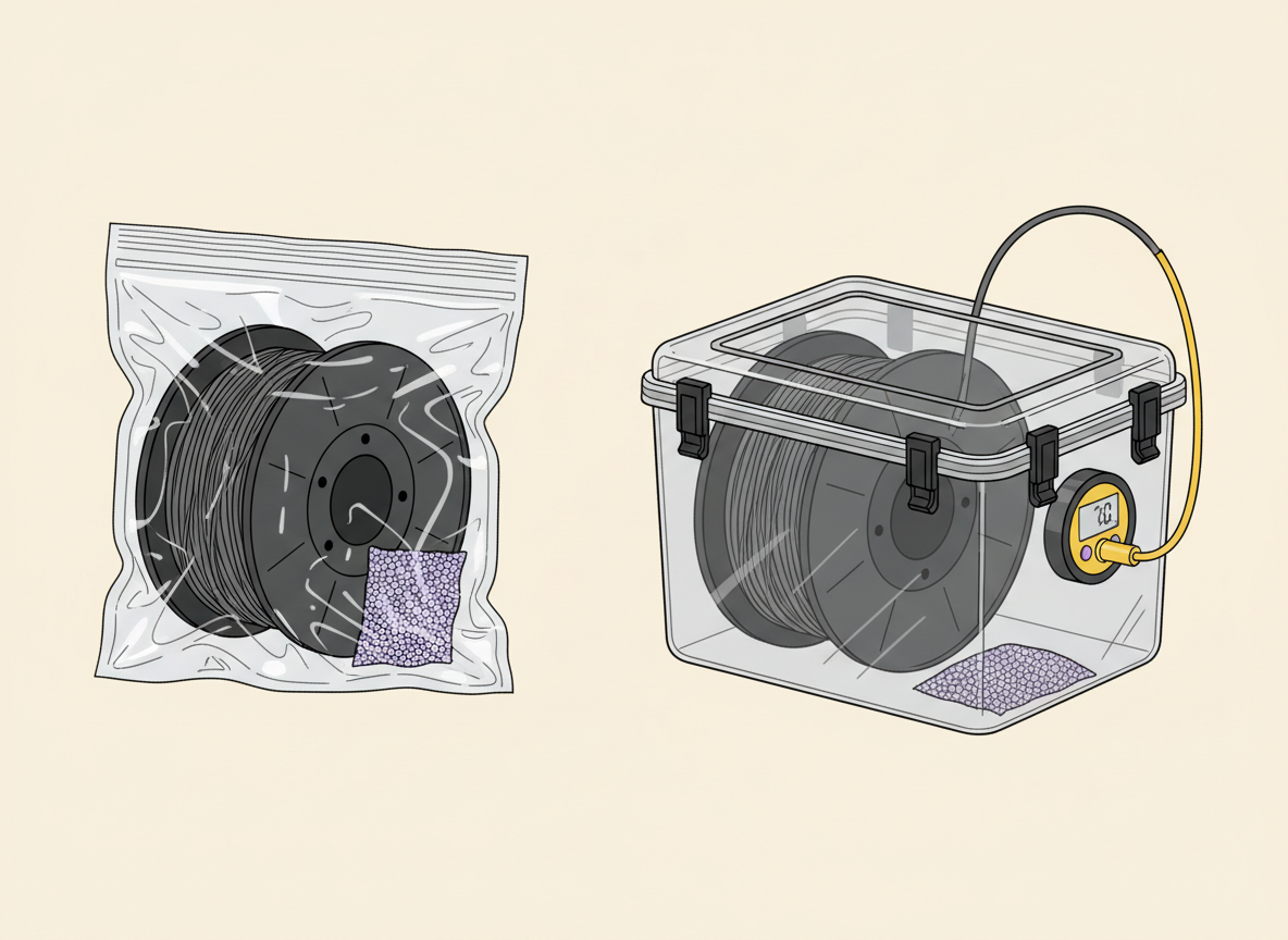 Illustrative comparison of filament stored in a vacuum bag and in a rigid dry box with desiccant and hygrometer