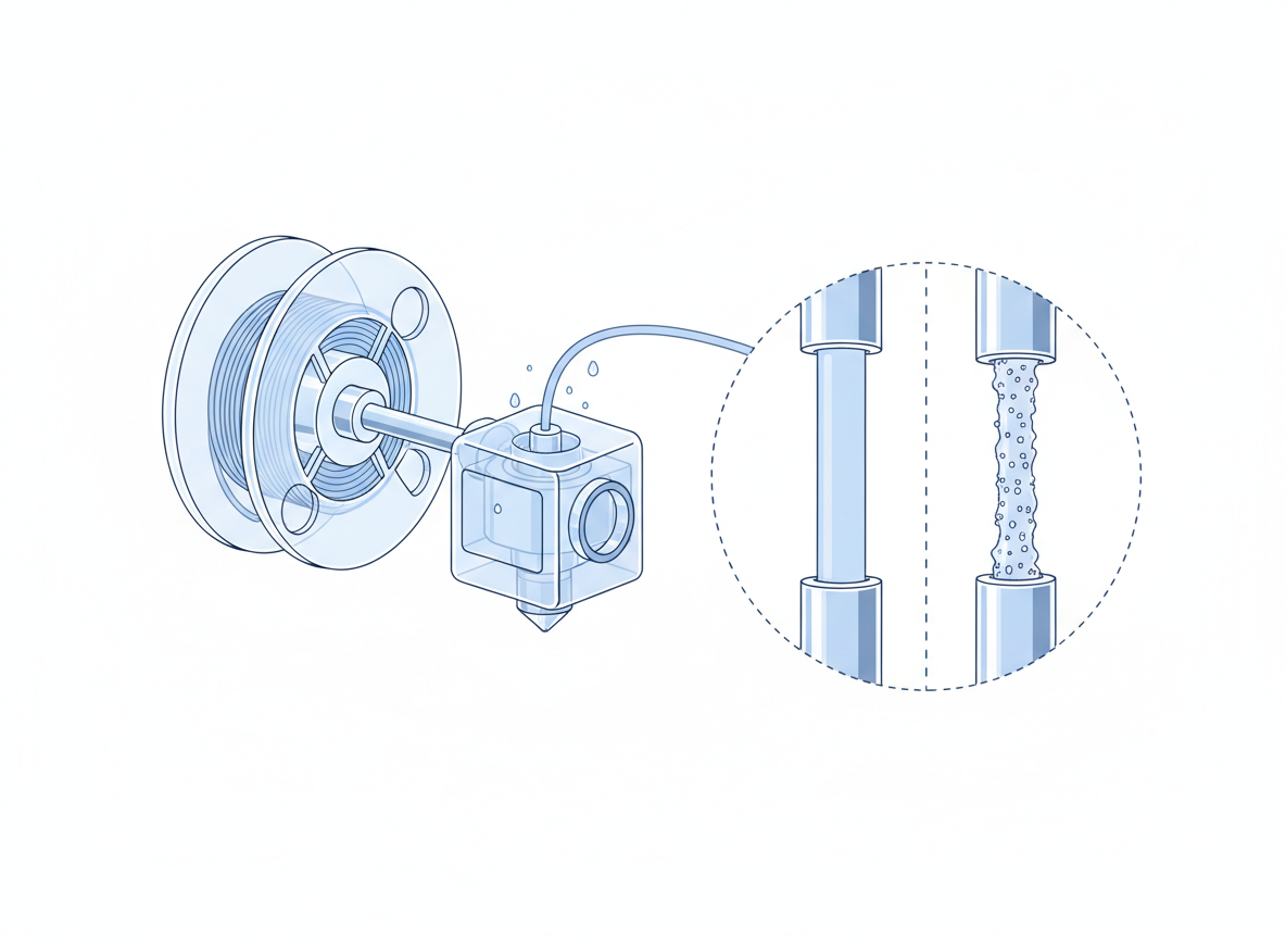 Illustration of a filament spool feeding an FDM hotend with moisture and extrusion clues