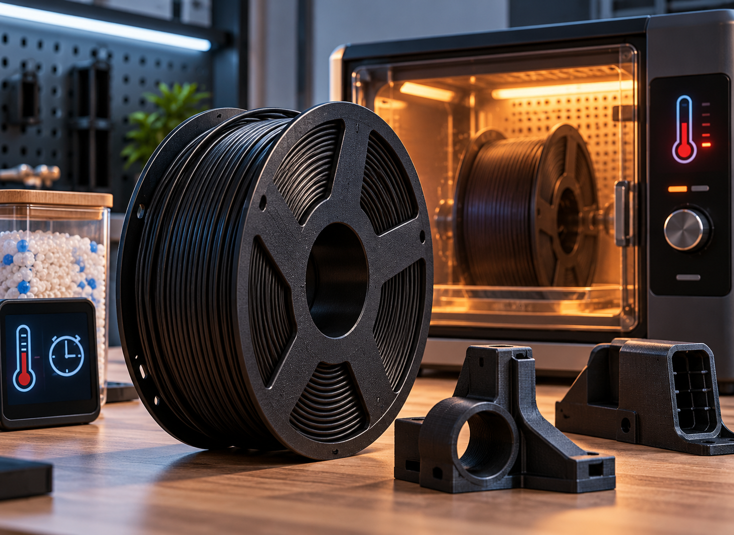 ASA filament spool beside a heated filament dryer with temperature and time cues in a modern 3D printing workshop